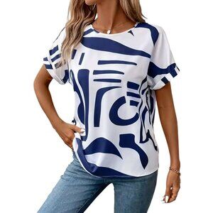 NWT Abstract Blue + White Print Design Short Cuffed Sleeve Blouse Sizes M, L, XL